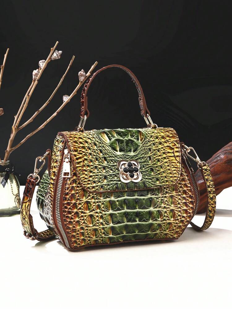 Classic Solid Color Mini Square Handbag, Crocodile Pattern Top Handle Bag For Women - 1#xanh lá cây+nâu - Xem 3