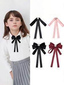 1pc Girl'S Sweetheart Style Bow Tie With Faux Pearl & Rhinestone Embellishments - Black Ribbon Bowknot For Casual Outings, Dates, And Parties, Casual Wear Accessory|Elegant Accessory|Woven Texture,Random Color