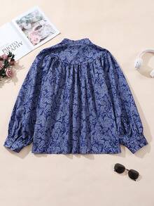 Plus Size Women's All-Over Print Puff Sleeve Casual Top And Blouse, Loose Fit Shirt - Blue - View 3