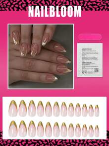 24片中号杏仁形美甲贴纸，金色法式美甲贴片，亮面全覆盖，简约风格，适合女性和女孩日常佩戴，夏季美甲用品 - 彩色 - 查看 3