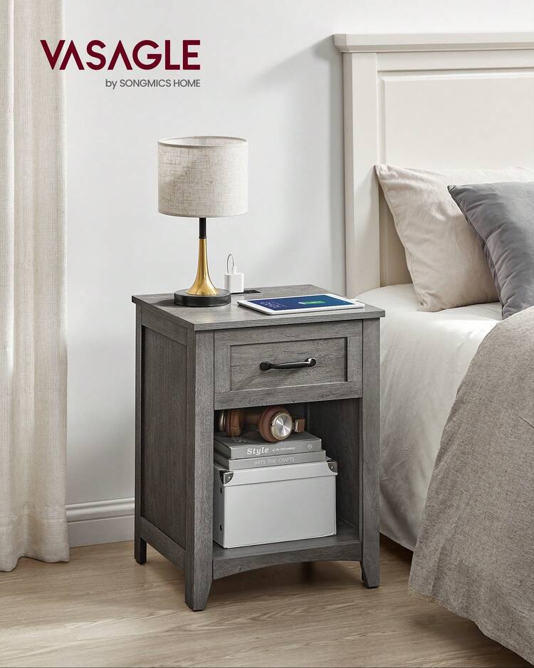 VASAGLE Farmhouse Nightstand With Charging Station, Bedside Table, Side Table With Drawer, Open Compartment, For Bedroom - Xem 1