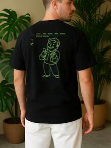 Fallout Vault Boy Graphic Tee , Men's Double-Sided Printed Fashionable Casual Crew Neck 220gsm Pure Cotton T-Shirt(1 PC) - 黑色 - 查看 1