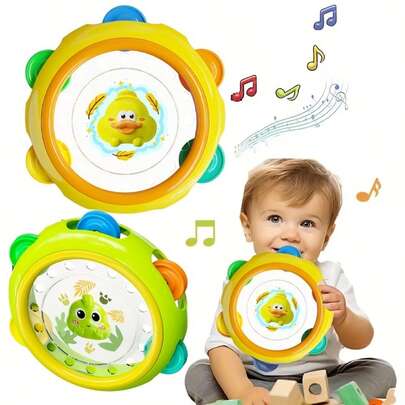 1 pieza Juguete interactivo de tambor de mano, adecuado para niños pequeños - Superficie suave de doble cara, diseño sin electricidad, decorado con patrones de oso y estrella, tonos pastel suaves, adecuado para juego sensorial y desarrollo físico de niños pequeños