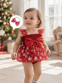 Newborn Baby Girl Christmas Outfit, 1st Christmas Dress Sleeveless Stars Bows Tulle Patchwork Romper Dress With Hairband - 白色 - 查看 3
