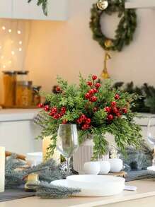 30pcs Christmas Artificial Pine Branches With Red Berries, Faux Norfolk Pine Needles, For DIY Crafts, Wreaths, Home Decor, And Christmas Tree Ornaments, Tabletop Plastic Greenery For Seasonal Fall, Winter, And Holiday Arrangements