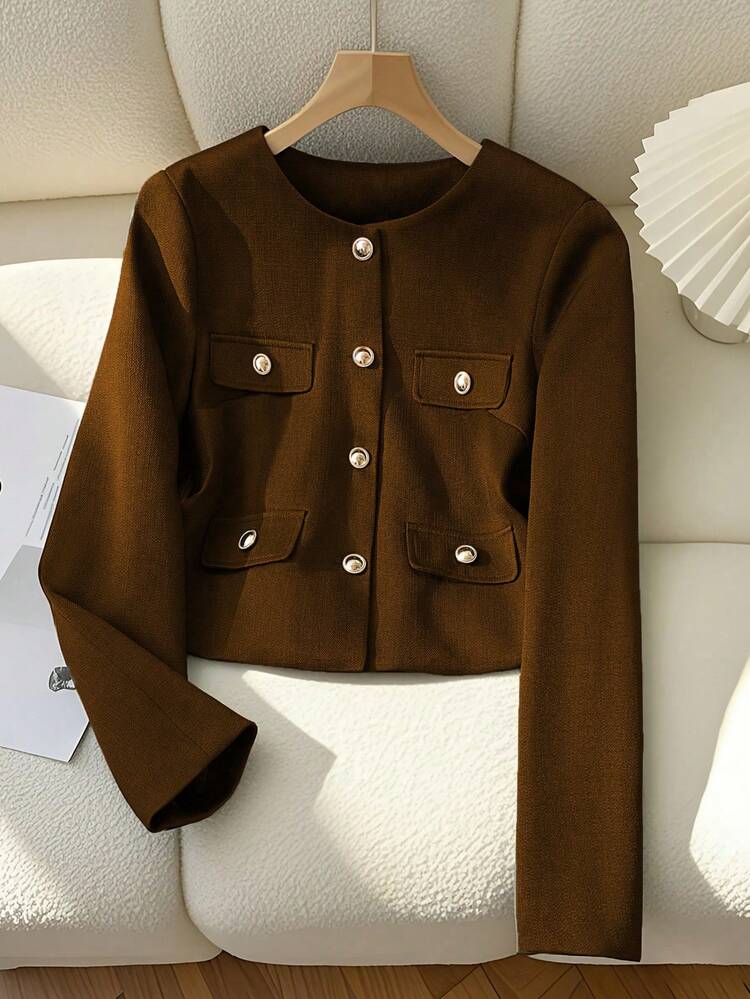 女士纯色长袖单排扣短款休闲棕色外套，薄款，春秋季 - 棕色 - 查看 2