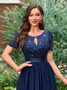 MIUSOL Váy midi dáng chữ A bằng chiffon xếp ly, cổ khoét hình giọt nước, viền ren hoa đính sequin, gấu váy lượn sóng, chất liệu chiffon, thích hợp cho tiệc cưới. - Màu xanh hải quân - Xem 8