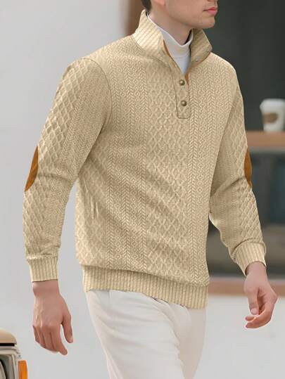 春秋季男士休闲时尚半拉链提花针织亨利领 Polo 衫，复古撞色肘部贴片设计，理想的情人节男友礼物（注意：针织衫，不厚实；欧美尺码偏大，建议选购小一码）