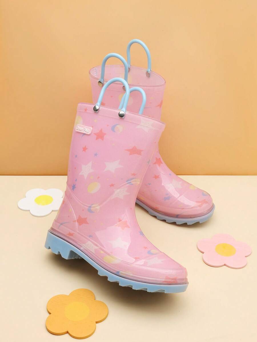 Kids' Waterproof Rain Boots Lightweight Pull-On Toddler Boots With Handles For Girls & Boys Cute Playtime Outdoor Shoes Pink - 粉色 - 查看 1