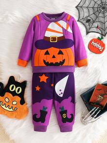 Set 2 buc. Hanorac și pantaloni cu guler rotund și mânecă lungă pentru bebeluși băieți, cu imprimeu de dovleac și liliac, potrivit pentru toamnă - Mov Mov - Vizualizare 2