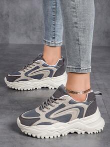 Women's Versatile Lightweight Breathable Retro Casual Sneakers, Women's Patchwork Lace-Up Low-Top Soft-Sole Walking Shoes, Women's Thick-Sole Elevated Street Chunky Sneakers, Women's Lightweight Non-Slip Running Sneakers - Beige - View 3