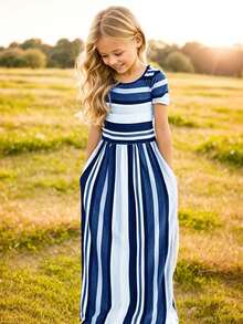 Kleine Mädchenshorts ärmelloses gestreiftes lässiges Kleid, Sommer minimalistisch Mode lang Urlaub Party niedliches Outfit