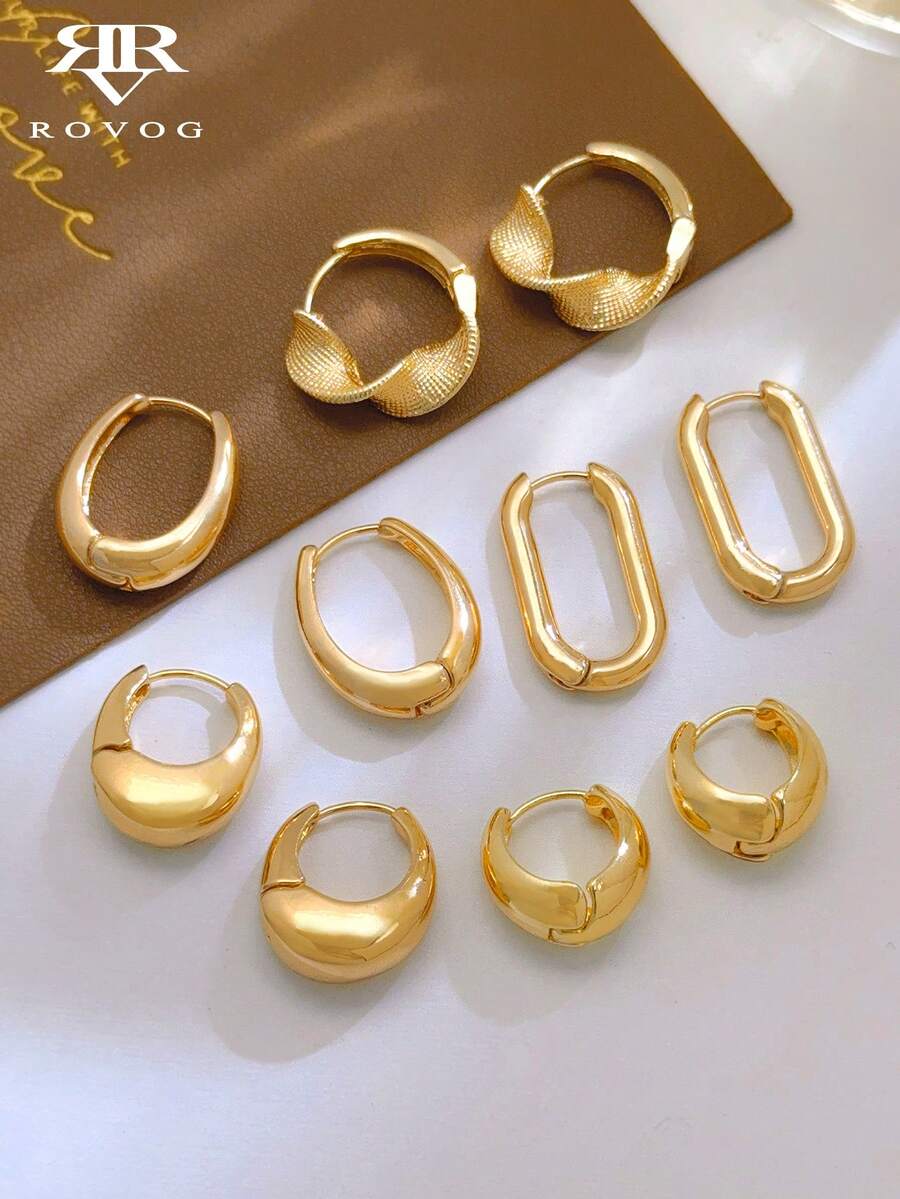 Set de 5 pares de pendientes de aro de lujo de aleación minimalista francés de moda y único para mujeres - Amarillo Oro - Ver 1