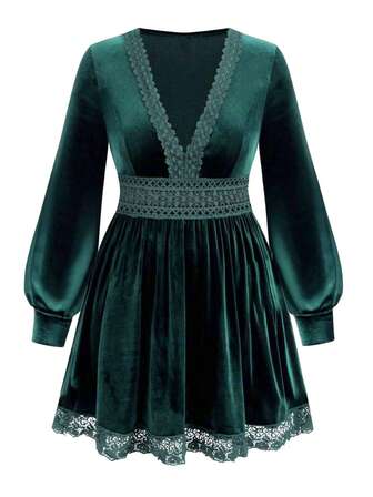 Plus Size Women's Elegant Solid Color Lace Patchwork Lantern Sleeve Dress