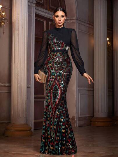 Women's Party Sequin Decor Sheer Long Sleeve Patchwork Dress Wedding Black