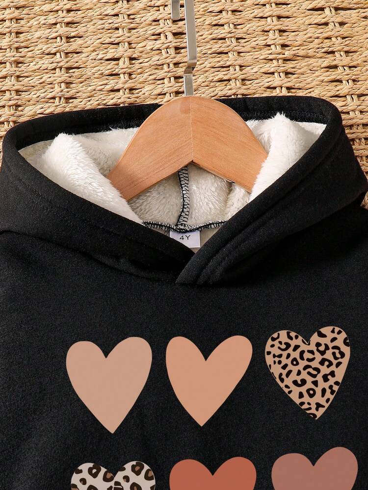 Toddler Heart Print Warm Hoodie And Sweatpants Set - Black - View 3