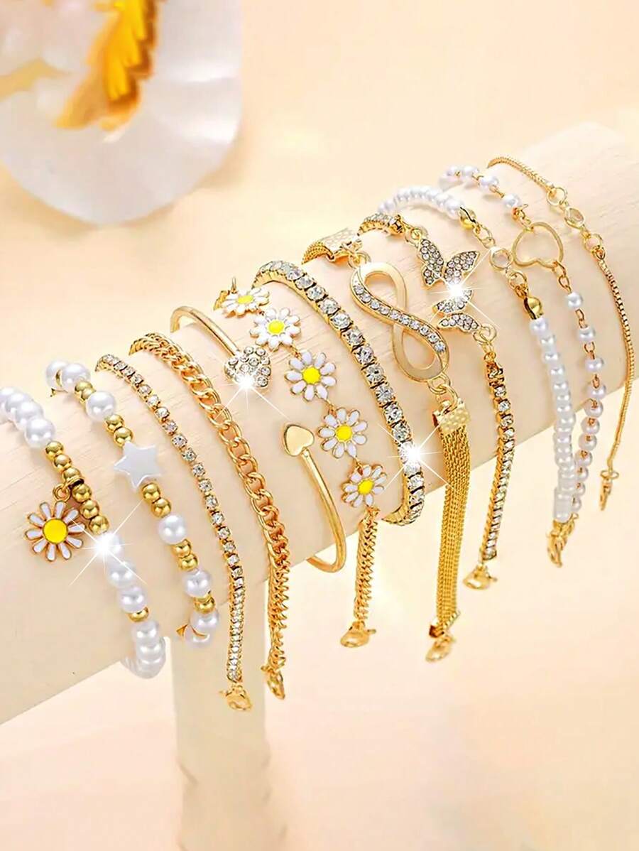 12 件简约心形和雏菊仿珍珠手链套装，女士节日、约会、礼物、休闲夏季配饰 - 彩色 - 查看 1