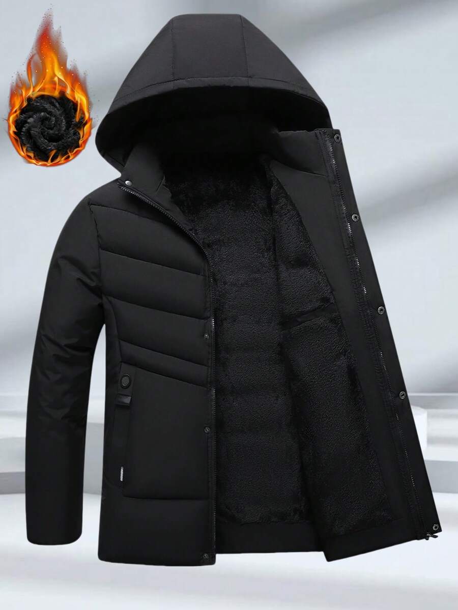 Men's Thermal Lined Thick Jacket, Men's Autumn/Winter Outdoor Casual Sports Fashionable Detachable Hooded Thick Thermal Jacket, Suitable Gift For Boyfriend, Husband, Father - Black - View 1