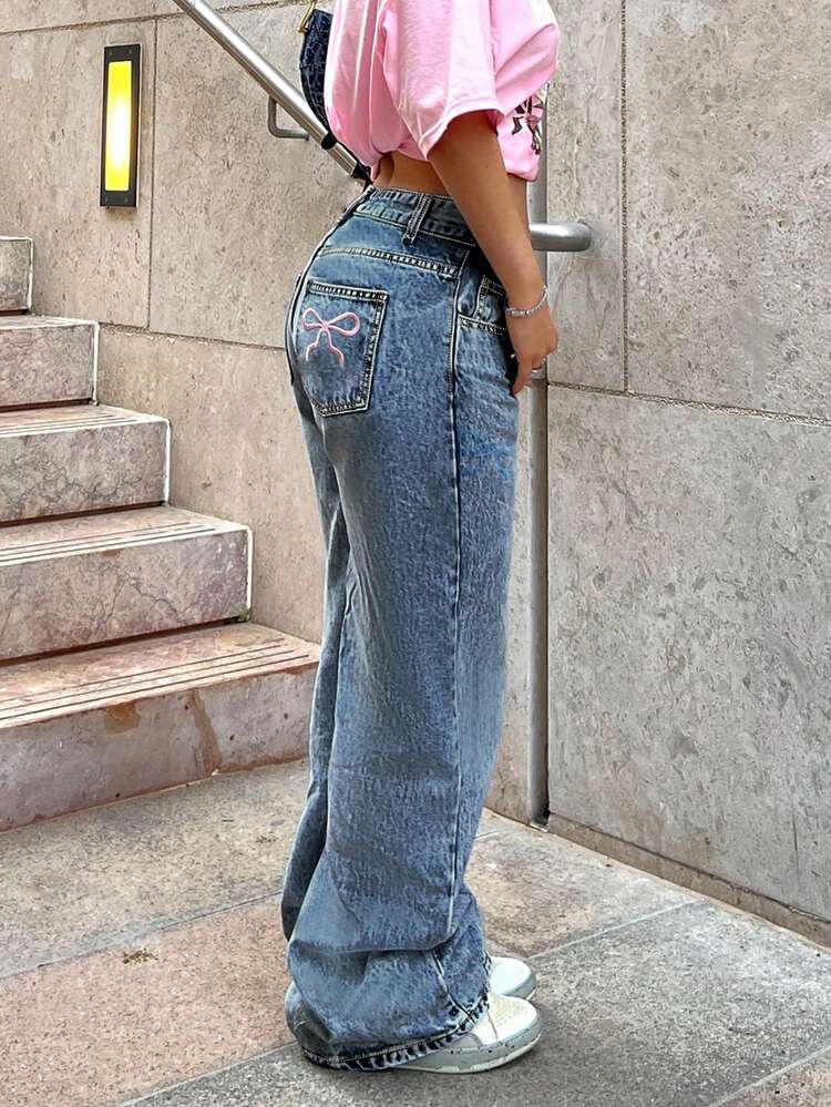 Fashionable Millennium Style Casual Women's Classic Light Color Embroidered Back Pocket Straight Leg Long Jeans - Rửa tối - Xem 6