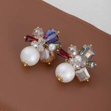 1 对夏季复古彩虹水晶巴洛克珍珠花耳钉，奢华法式优雅耳环 - 彩色 - 查看 6
