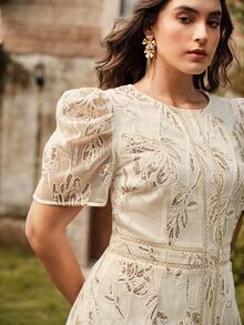 Anewsta 优雅纹理杏色短袖圆领连衣裙，春夏 - 查看 2