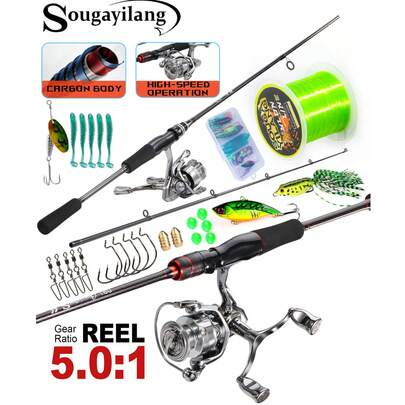 SOUGAYILANG 1.8M/5.9FT Carbon Fiber Spinning Rod & 1000-3000 Size Aluminum Spool Reel Combo With Random Line & Baits - Perfect For Recreational Fishing & Outdoor Activities (Fresh/Saltwater, Trout, Bass)