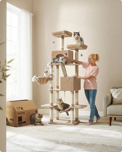Feandrea Rascador para Gatos Grandes, Árbol Rascador para Gatos, 206 cm de Altura con 13 Postes, 2 Plataformas, 2 Cuevas, Cesta, Hamaca, Pompón, Multinivel para Gatos Grandes, Marrón Camello