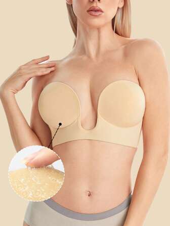 Solid Self Adhesive Strapless Bra Deep U Plunge Strapless Backless Sticky Underwire Push Up Adhesive Bra