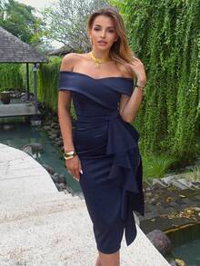 CurvySweet Curve-Hugging Elegant Vintage Strapless Ruffle Slit Midi Dress With Built-In Bra, Semi-Formal Cocktail Party Dress, Wedding Guest Dress - Navy Blue - View 3