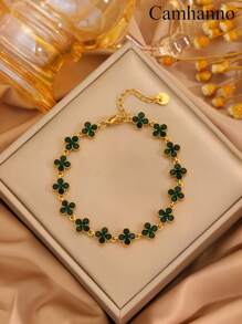 Camhanno 1 Pc Elegant And Exquisite Stainless Steel Bracelet, Creatively Designed With Four Leaf Flowers, Perfect Holiday Gift