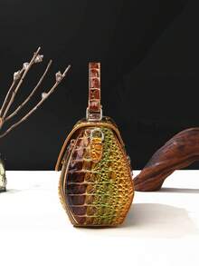 Classic Solid Color Mini Square Handbag, Crocodile Pattern Top Handle Bag For Women - 6#黃+棕 - 查看 4