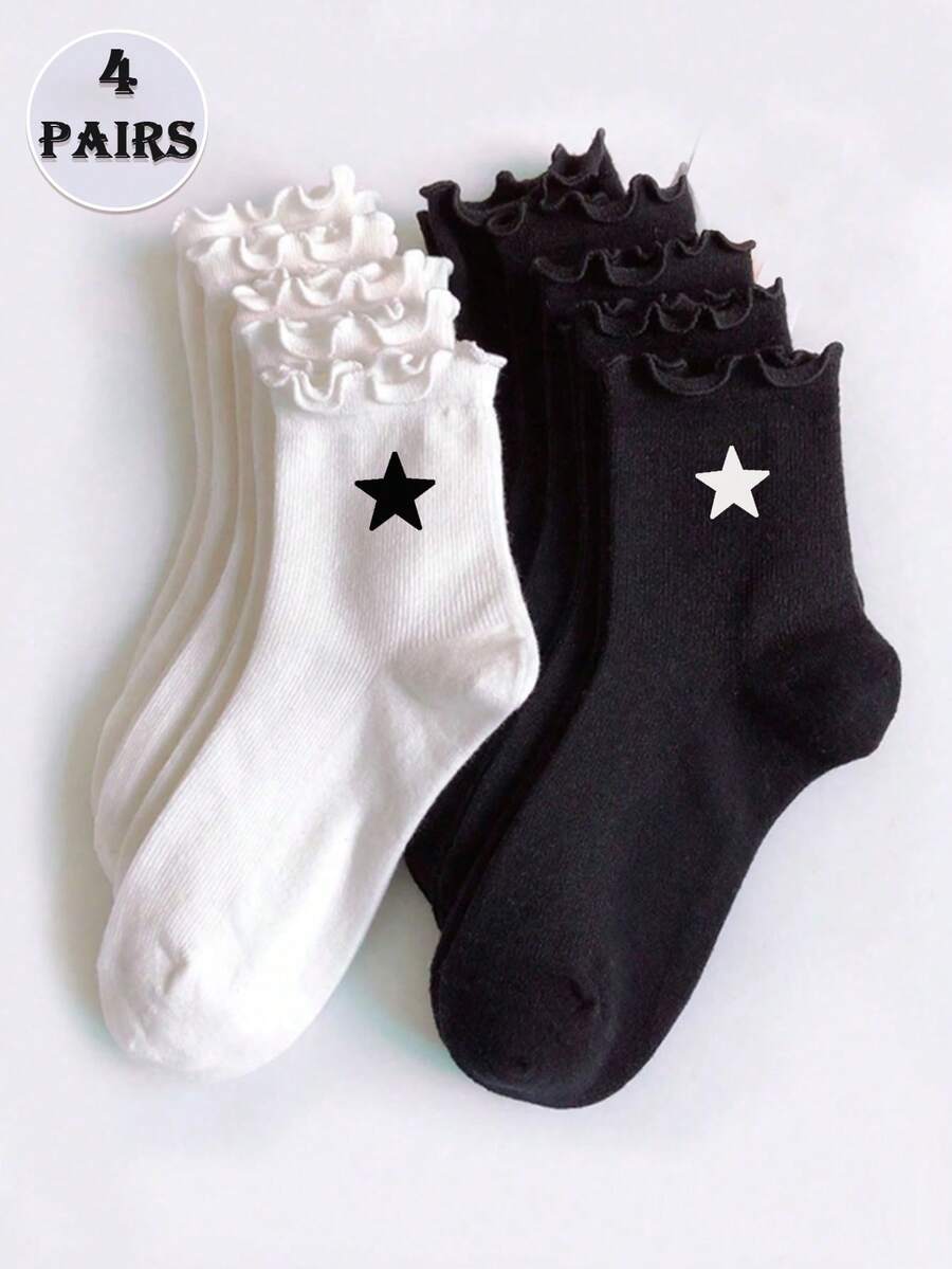 4 Pairs Cute Women's Ruffle Trim Mid-Calf Socks, Star Pattern Sweet Japanese Style, Essential For Daily Wear, Fall Socks - Black and White - View 1