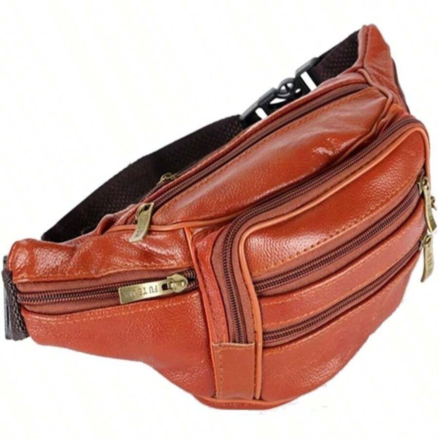 Leather Fanny Pack For Men Women Belt Bag With Adjustable Waist Belt, Lightweight Fanny Pack Comes With Multiple Zippered Pockets Easy Carry Any Phone, Wallet (Reddish Brown) - 紅棕色 - 查看 1