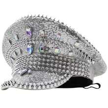 Sparkling Rhinestone & Rivet Sequin Captain Hat, Luxury Glitter Party Cap For Bachelorette, Hen Party, Stage Show & Costume, One Size Fits All - 銀色 - 查看 1