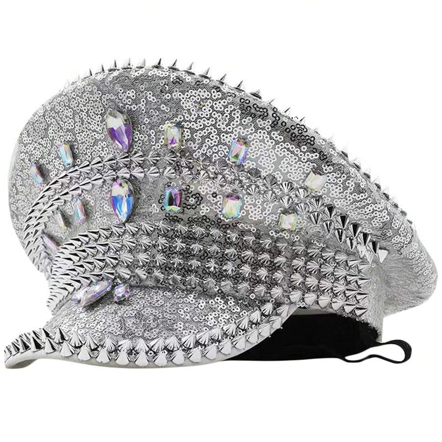 Sparkling Rhinestone & Rivet Sequin Captain Hat, Luxury Glitter Party Cap For Bachelorette, Hen Party, Stage Show & Costume, One Size Fits All - 銀色 - 查看 1