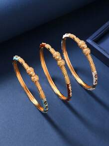 1pc Luxurious Style Copper Drop Oil Light Blue Fine Circle Pattern Bow Knot Decorated Open Bangle Bracelet For Women, Suitable For Dubai Wedding Valentines,Mom,Mother,Mother's Day,Gift