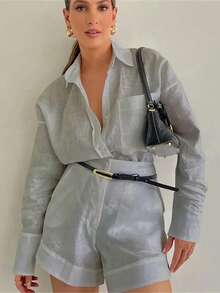 1 套女士优雅纯色领口长袖短裤，120G 机织面料，简约办公室穿着，高品质 - 灰色 - 查看 1