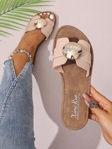 نعال شبشب مسطح كاجوال على الطراز الكوري للنساء، مفتوح من الأمام، صنادل رومانية منسوجة، مناسبة للربيع والصيف والشاطئ والعطلات، تناسب الفساتين، مسطح، بني - رمادي - مشاهدة 1