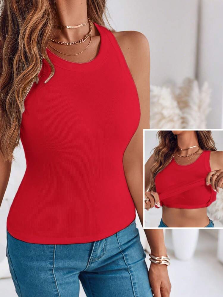 ChicMe Women Built-In Bra Ribbed Tank Top Slim Fit Sleeveless Layering Tee For Casual Daily Streetwear - Red - View 3