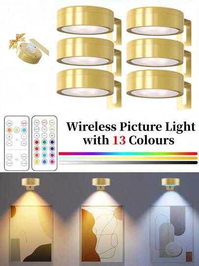  1/3pcs Gold Battery Powered Painting Light, Magnetic LED Drawing Light With Remote Control Dimmable And Timer, 3 Lighting Modes, Art Display Lamp For Frames, Living Room, Kitchen, Hallway, Wedding And Stairs Decor | Modern Metal Finish | Dimmable, Indoor Lighting For Bedroom, Living Room, Home Decor, 150mAh