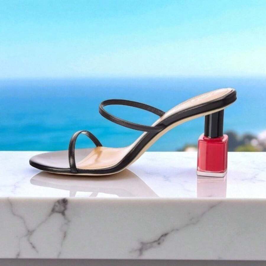 Women's Black Nail Polish Bottle Heel Mules | Patent Leather Open Toe Novelty Sandals - 黑色 - 查看 1