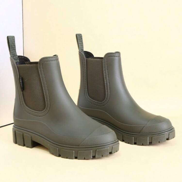 DangDing Women's Fashion Versatile Casual Elastic Textured Sole Thick Bottom Military Boots, Chelsea Boots, Ankle Boots, Waterproof Rain Boots Suitable For Outdoor, Garden, Hiking, Work - Dark Green - View 2