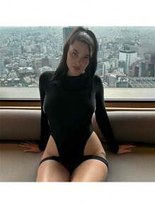 2025 Women's Sexy Slim-Fit Solid Color Bodysuit - Backless, Casual Long-Sleeve & Layering Style - 黑色 - 查看 2