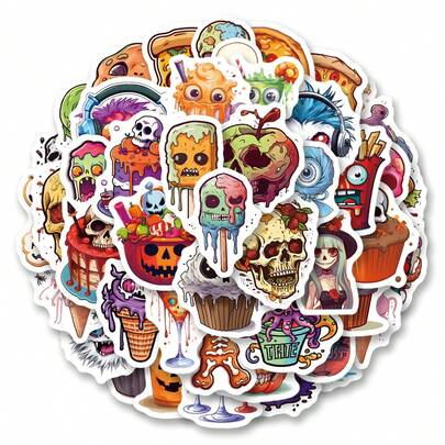 50pcs/Pack Cute Halloween Gothic Food Mysterious Dark INS Retro Romantic Aesthetic Christmas Labels Graffiti Stickers, Adorable Cartoon Fun Aesthetic Label Stickers For Scrapbooking, Self-Adhesive Stationery Cards Envelopes Guitar Instrument Decor, Holiday Gifts Teenage Party Supplies Reward Encouragement Motivation Decals, New Year Winter