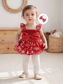 Newborn Baby Girl Christmas Outfit, 1st Christmas Dress Sleeveless Stars Bows Tulle Patchwork Romper Dress With Hairband - 白色 - 查看 5