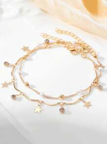 2 件/套时尚简约仿珍珠星形水钻脚链，适合日常佩戴和海滩度假（珍珠、星星和水钻数量随机） - 金黃色 - 查看 3