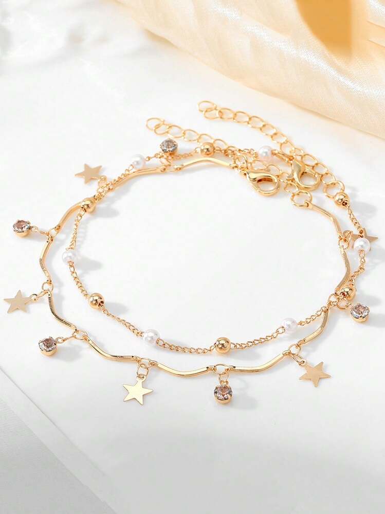2 piezas/set Tobillera con rhinestones de estrella de perlas falsas de moda, adecuada para uso diario y vacaciones en la playa (cantidad aleatoria de perlas, estrellas y rinestones) - Amarillo Oro - Añade 3