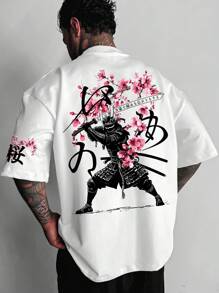 Men's Casual Japanese Sakura Samurai Design Graphic Print White Short Sleeve Crew Neck T-Shirt