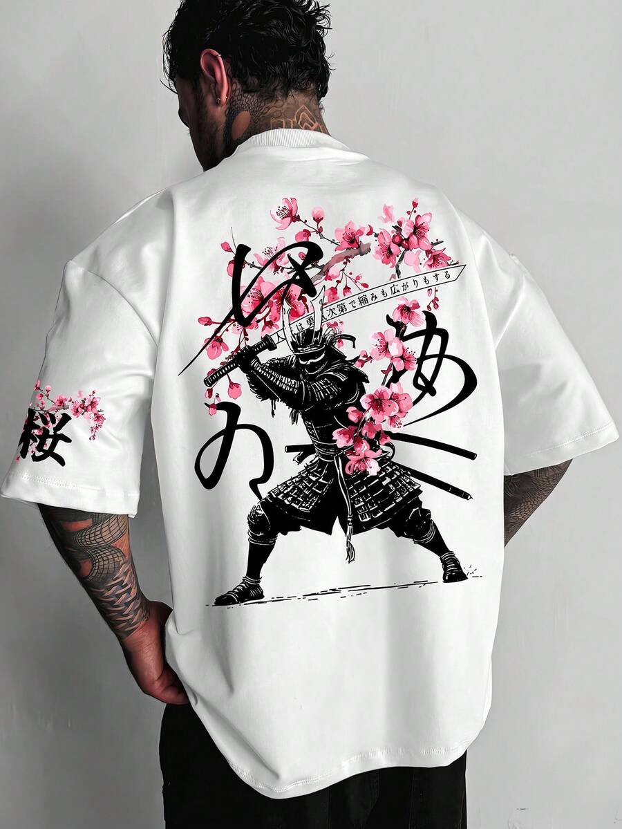 Men's Casual Japanese Sakura Samurai Design Graphic Print White Short Sleeve Crew Neck T-Shirt