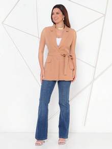 Women's Long Tailored Vest With Belt - 卡其色 - 查看 1